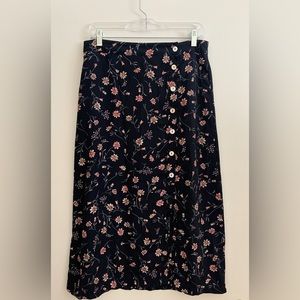 Navy Blue Floral Buttoned Midi Skirt